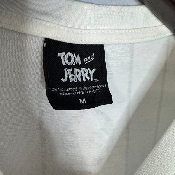 Tom and Jerry Crew Neck White Striped Frenemies Patch T Shirt Sz M - Picture 5 of 10